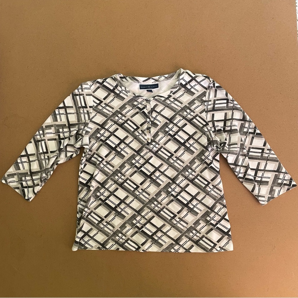 Karen Scott Plaid Patterned  Button Down Henley 3/4 Sleeve Blouse